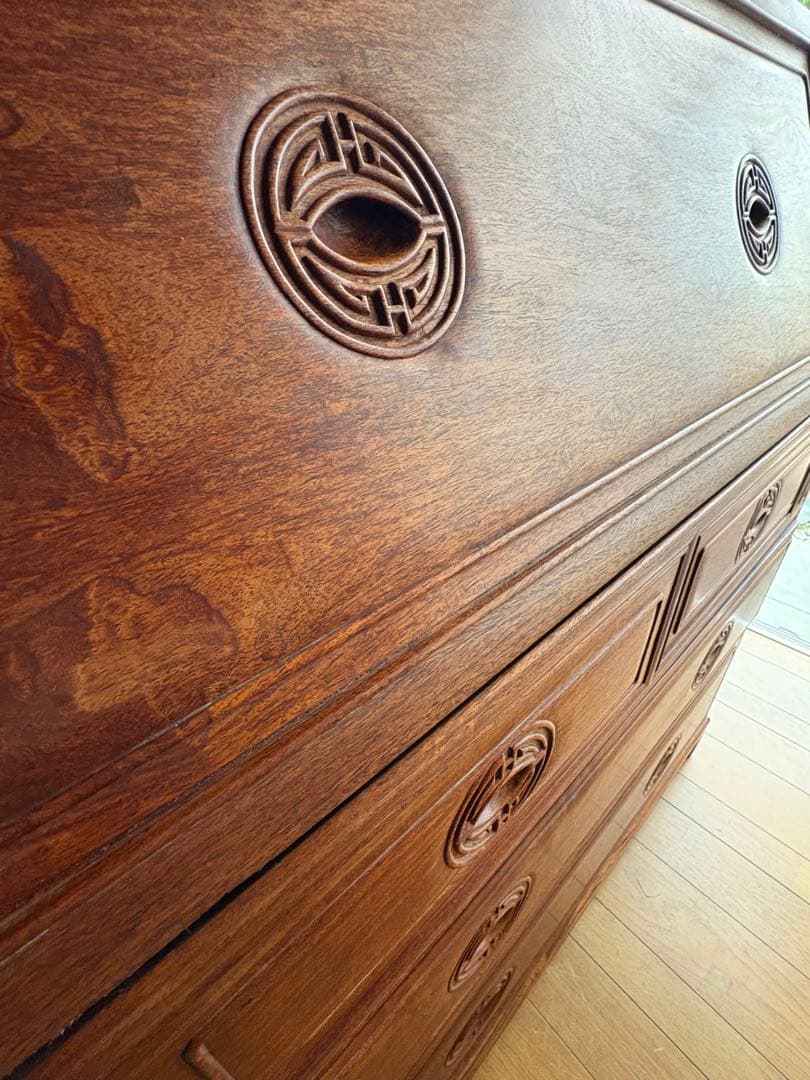 【 高級 】花梨 総無垢 ライティングビューロー 真鍮金具 彫刻入 一生物