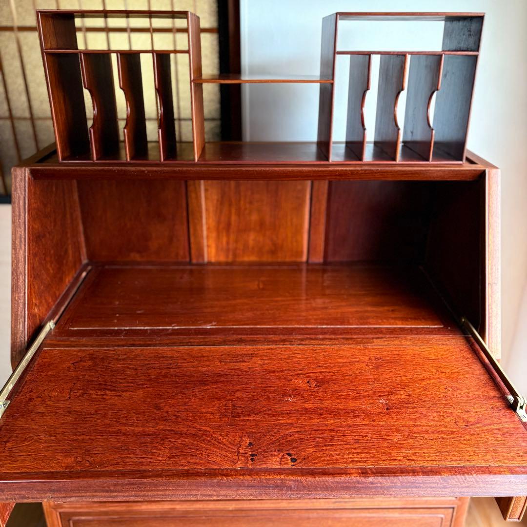 【 高級 】花梨 総無垢 ライティングビューロー 真鍮金具 彫刻入 一生物