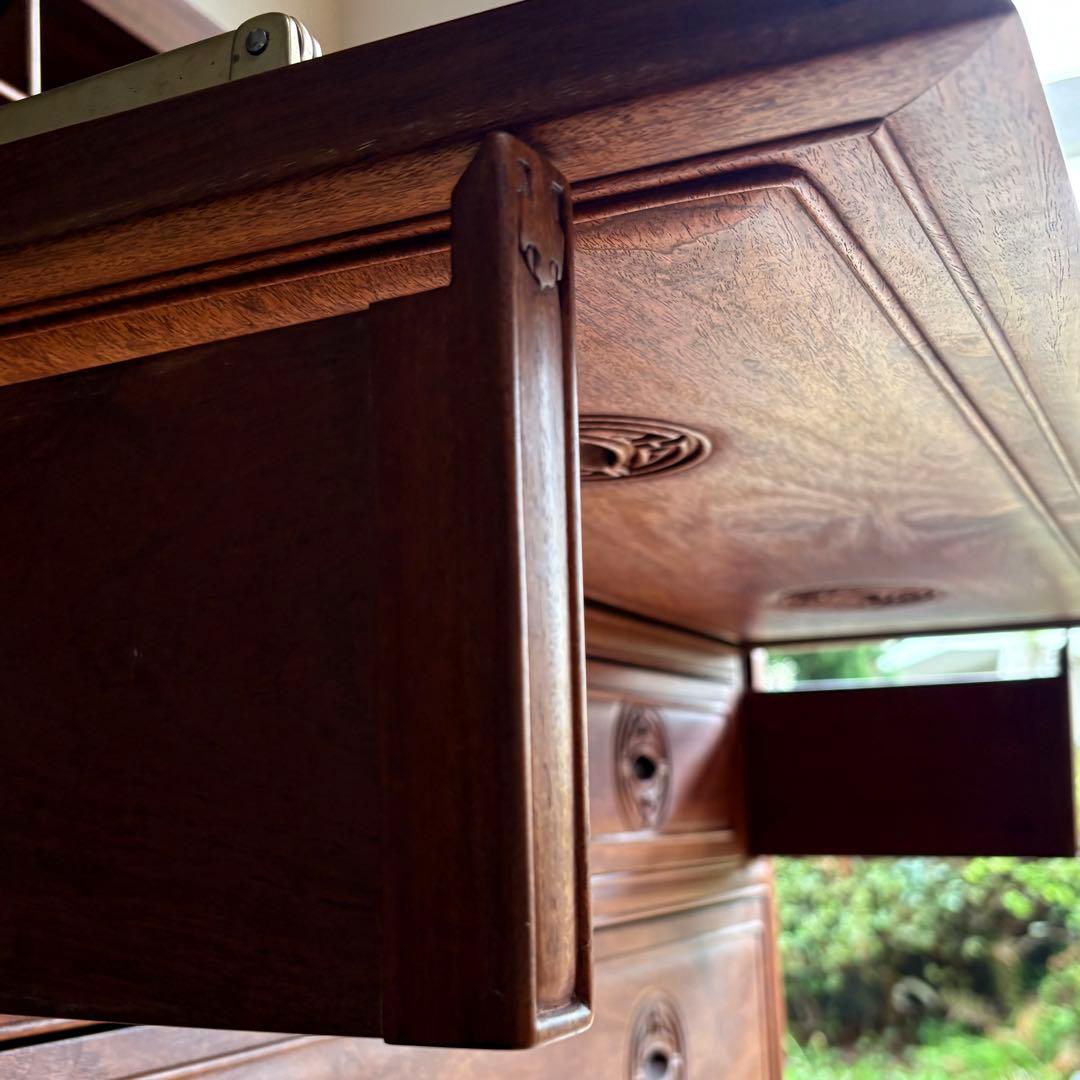 【 高級 】花梨 総無垢 ライティングビューロー 真鍮金具 彫刻入 一生物