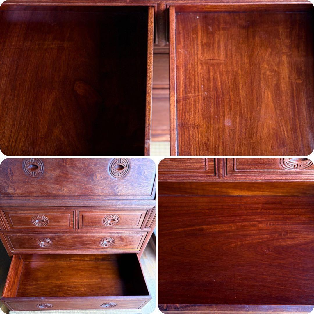 【 高級 】花梨 総無垢 ライティングビューロー 真鍮金具 彫刻入 一生物