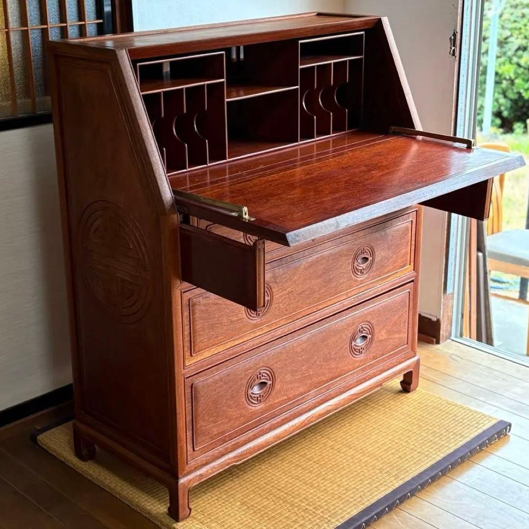 【 高級 】花梨 総無垢 ライティングビューロー 真鍮金具 彫刻入 一生物