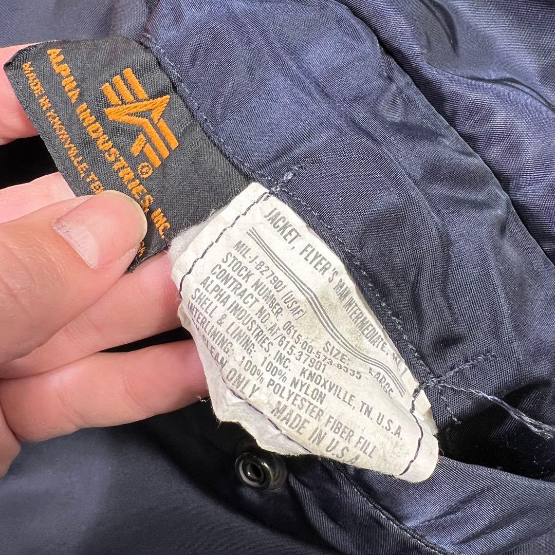 90s USA製 Alpha アルファ MA-1 刺繍 3本線 ネイビー