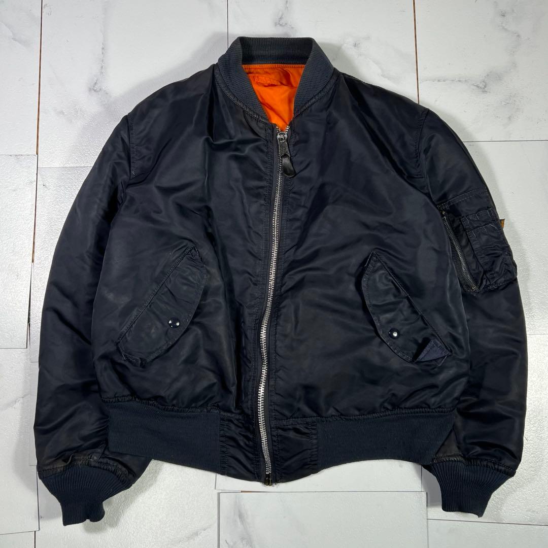 90s USA製 Alpha アルファ MA-1 刺繍 3本線 ネイビー