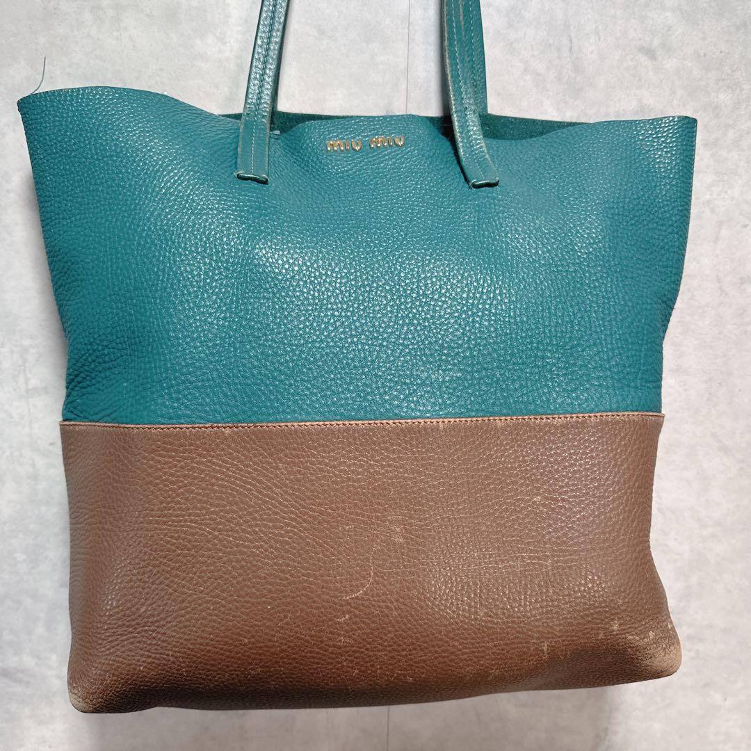 miu miu ミュウミュウ レザー バイカラー トートバッグ 緑 ブラウン