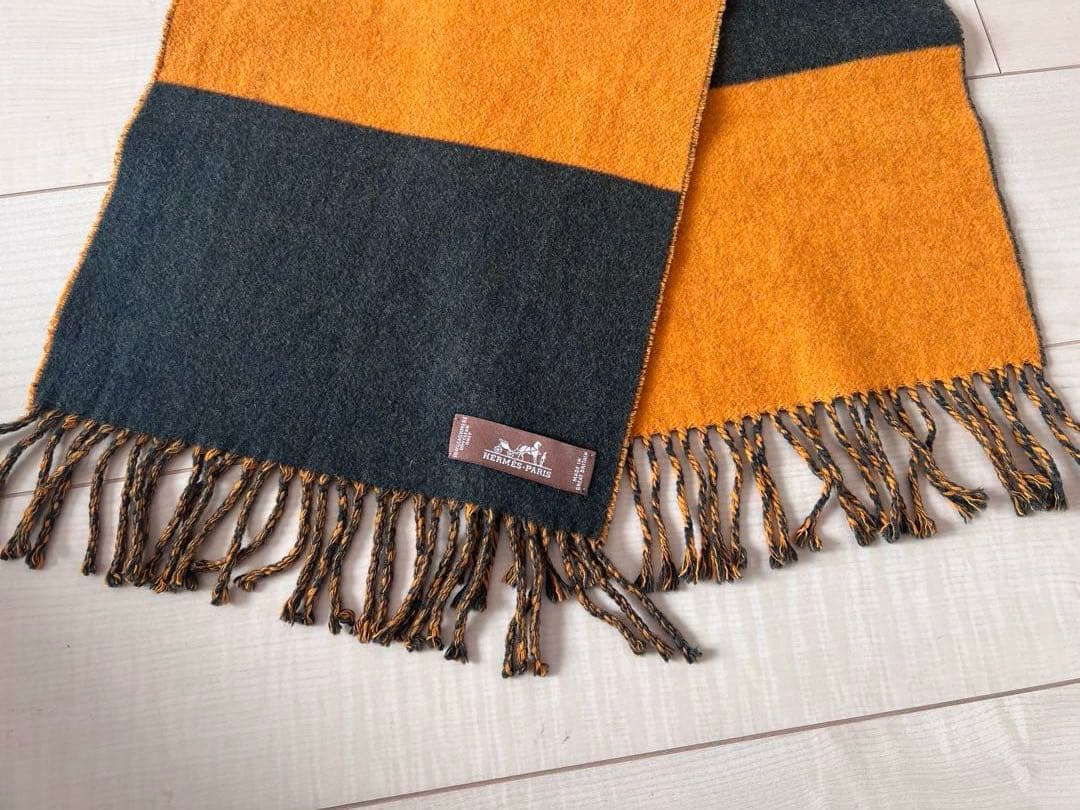 HERMES　エルメス　 カシミヤ マフラー　オレンジ ダークグリーン