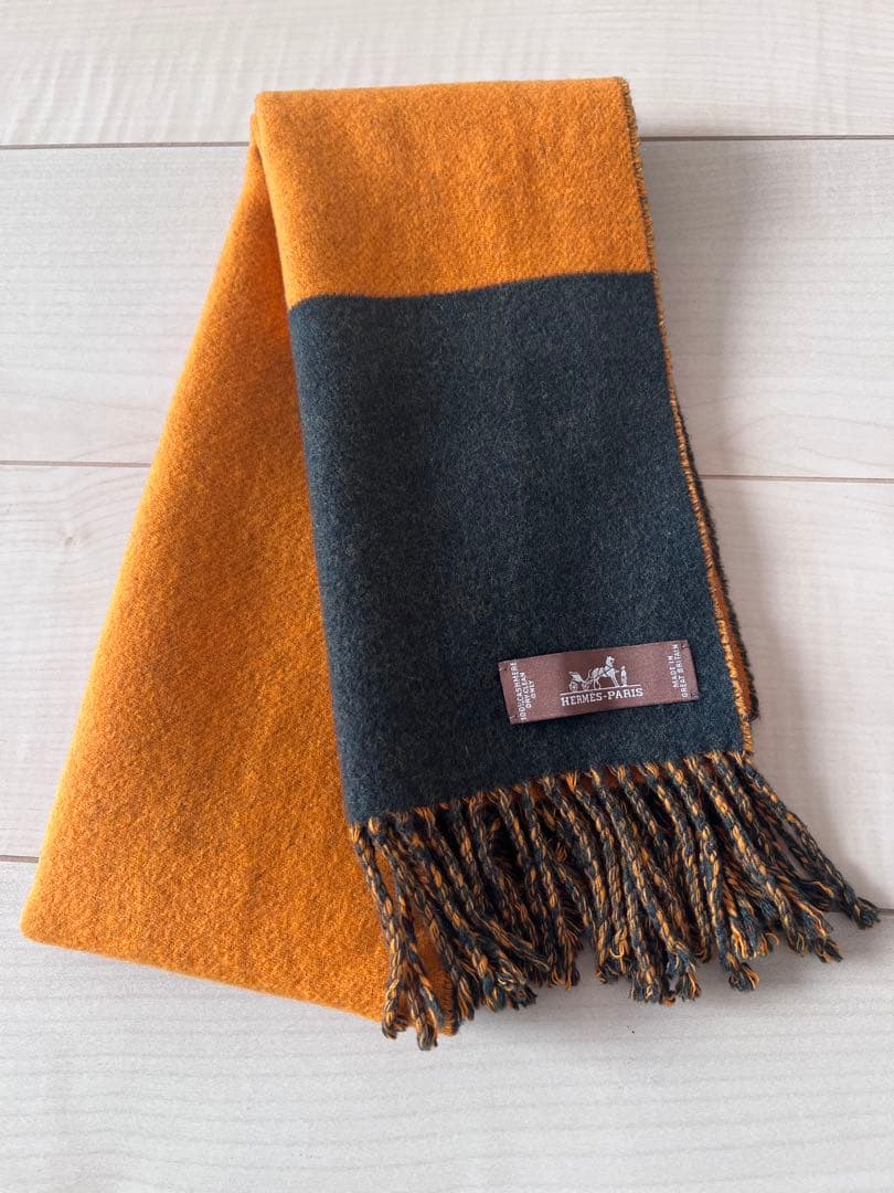 HERMES　エルメス　 カシミヤ マフラー　オレンジ ダークグリーン