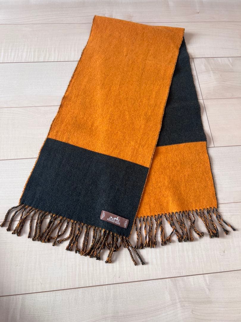 HERMES　エルメス　 カシミヤ マフラー　オレンジ ダークグリーン