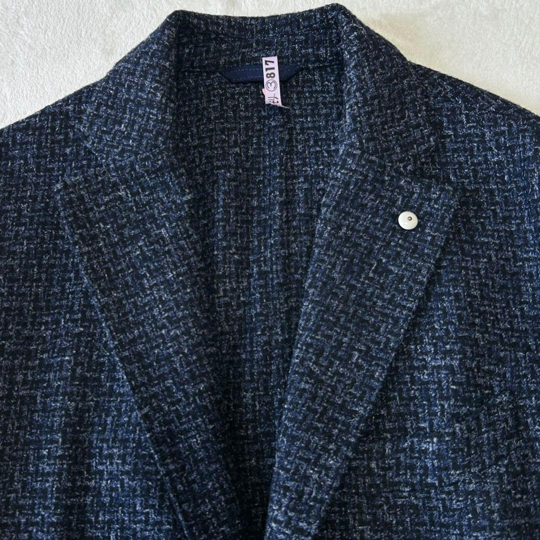 美品 エルビーエム イタリア製 ツイードウール アンコン ジャケット 48 紺