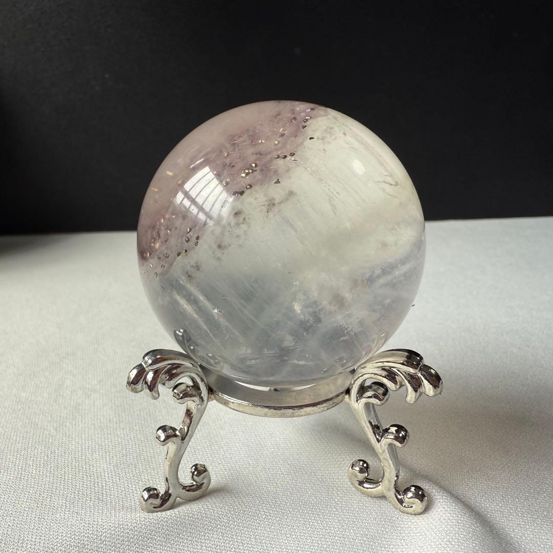天然石パイライト共生フローライトのスフィア　丸玉　置物NO.020615