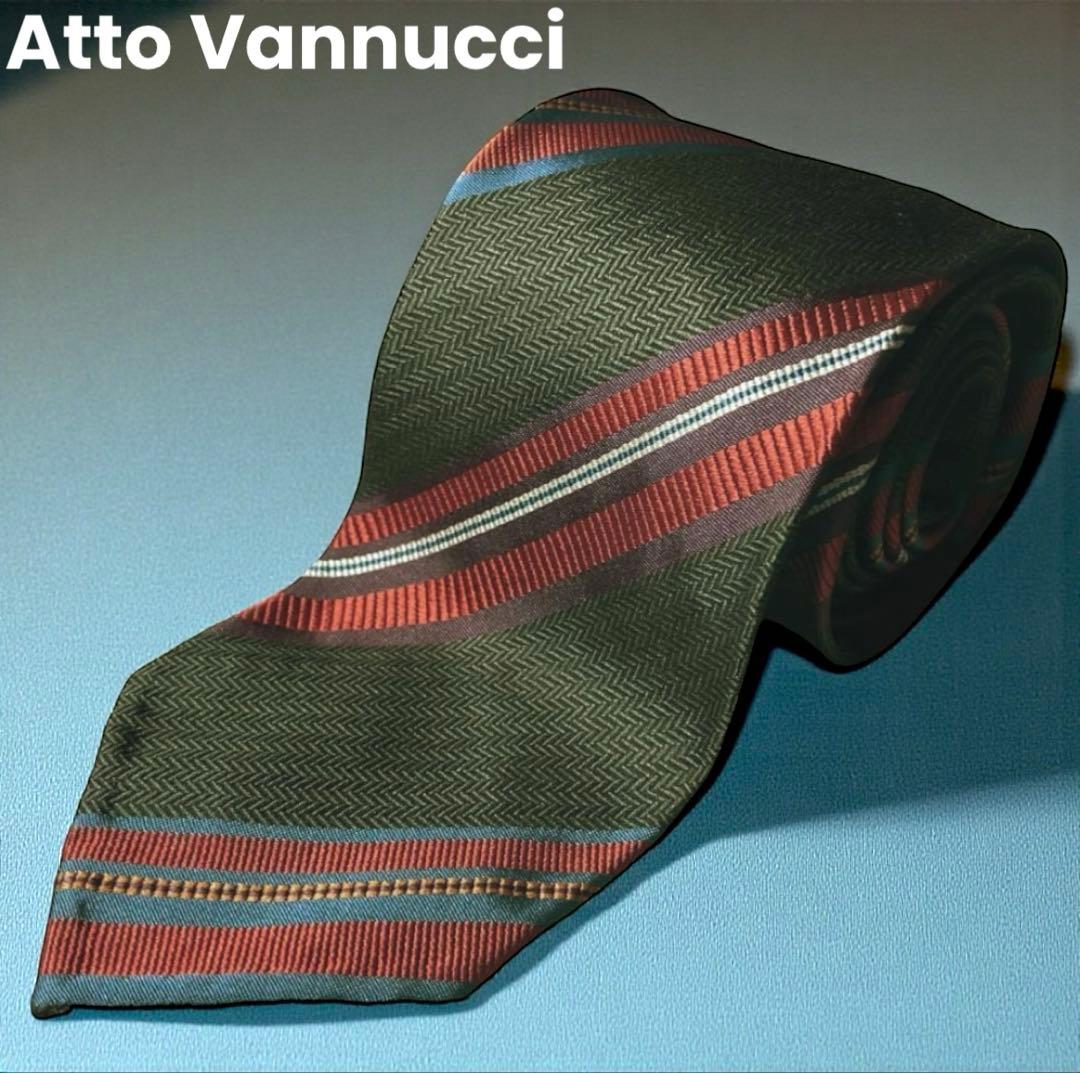 Atto Vannucciアットヴァンヌッチ ストライプネクタイ オリーブ赤28