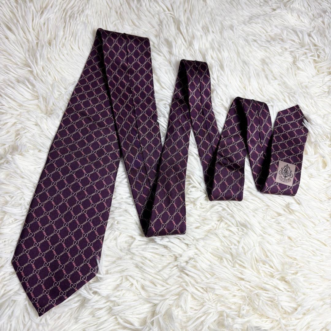 【ほぼ未使用】GUCCI ネクタイ　GG柄　GGライン　ボルドー