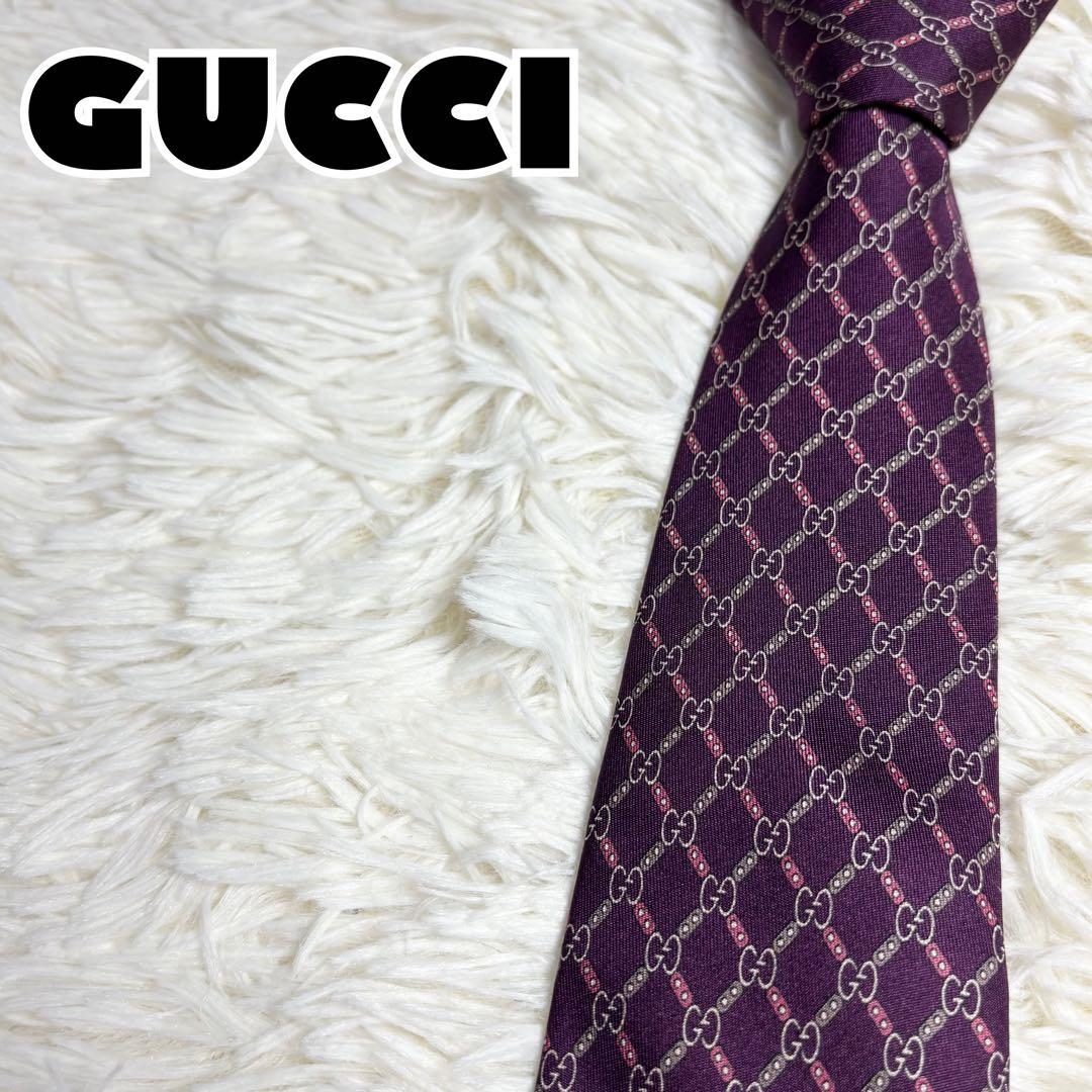 【ほぼ未使用】GUCCI ネクタイ　GG柄　GGライン　ボルドー