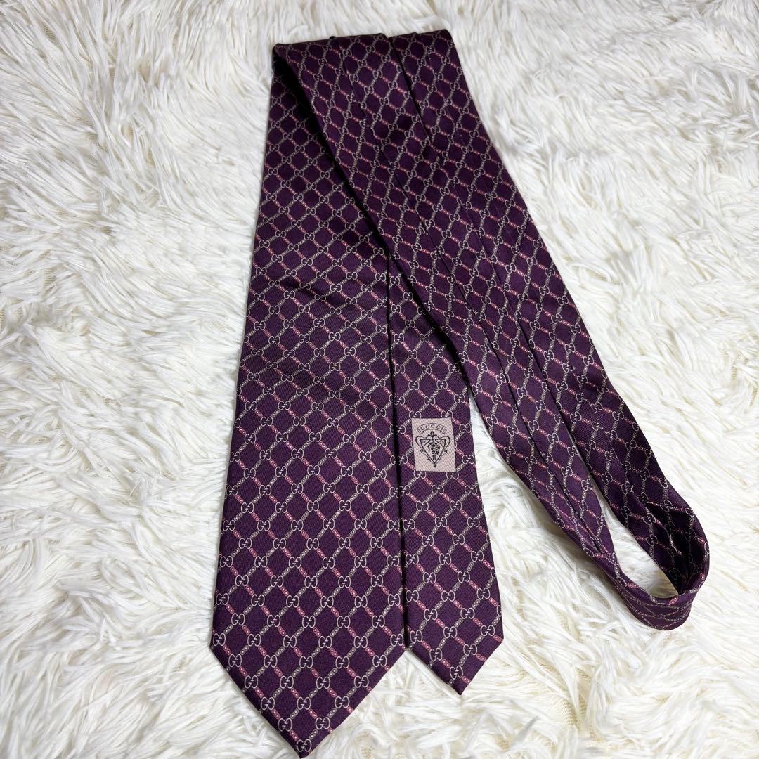 【ほぼ未使用】GUCCI ネクタイ　GG柄　GGライン　ボルドー