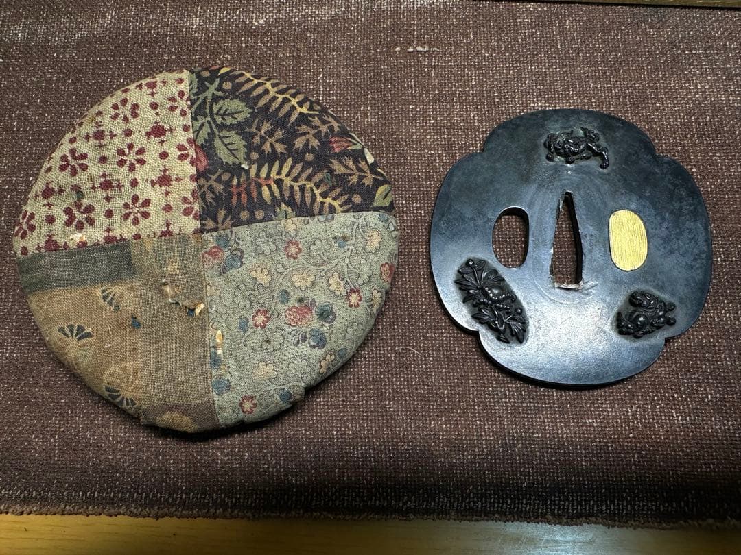 赤銅　鍔　つば　武具　象嵌　波兎　獅子牡丹　江戸時代　骨董古美術