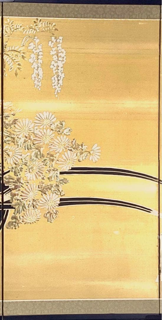 四つ折り屏風　日本画　金箔彩色　『花車』