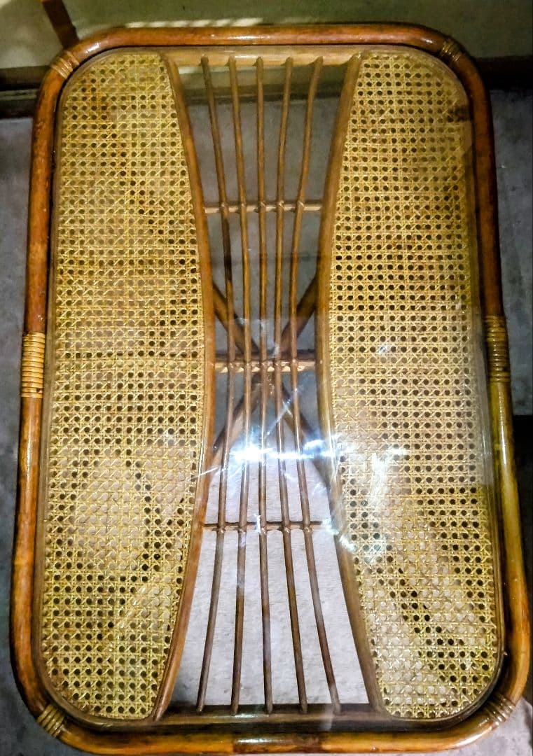 【昭和レトロ】ラタンガラステーブル美品