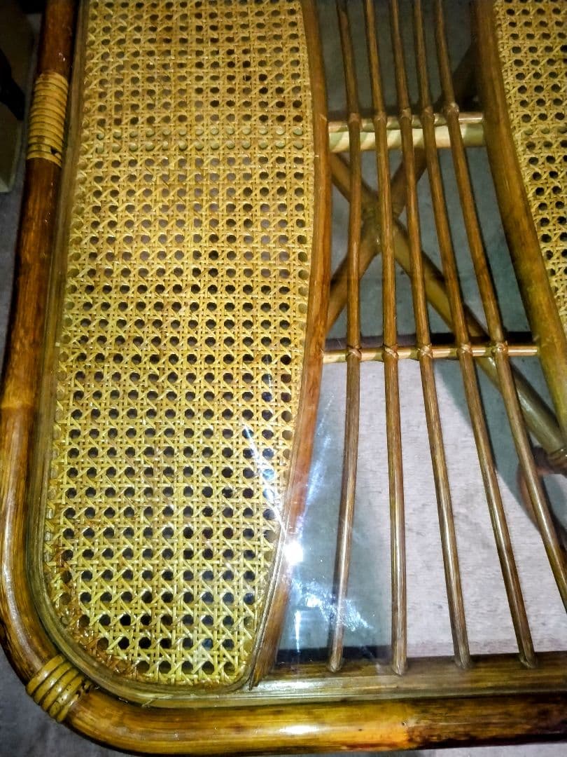 【昭和レトロ】ラタンガラステーブル美品