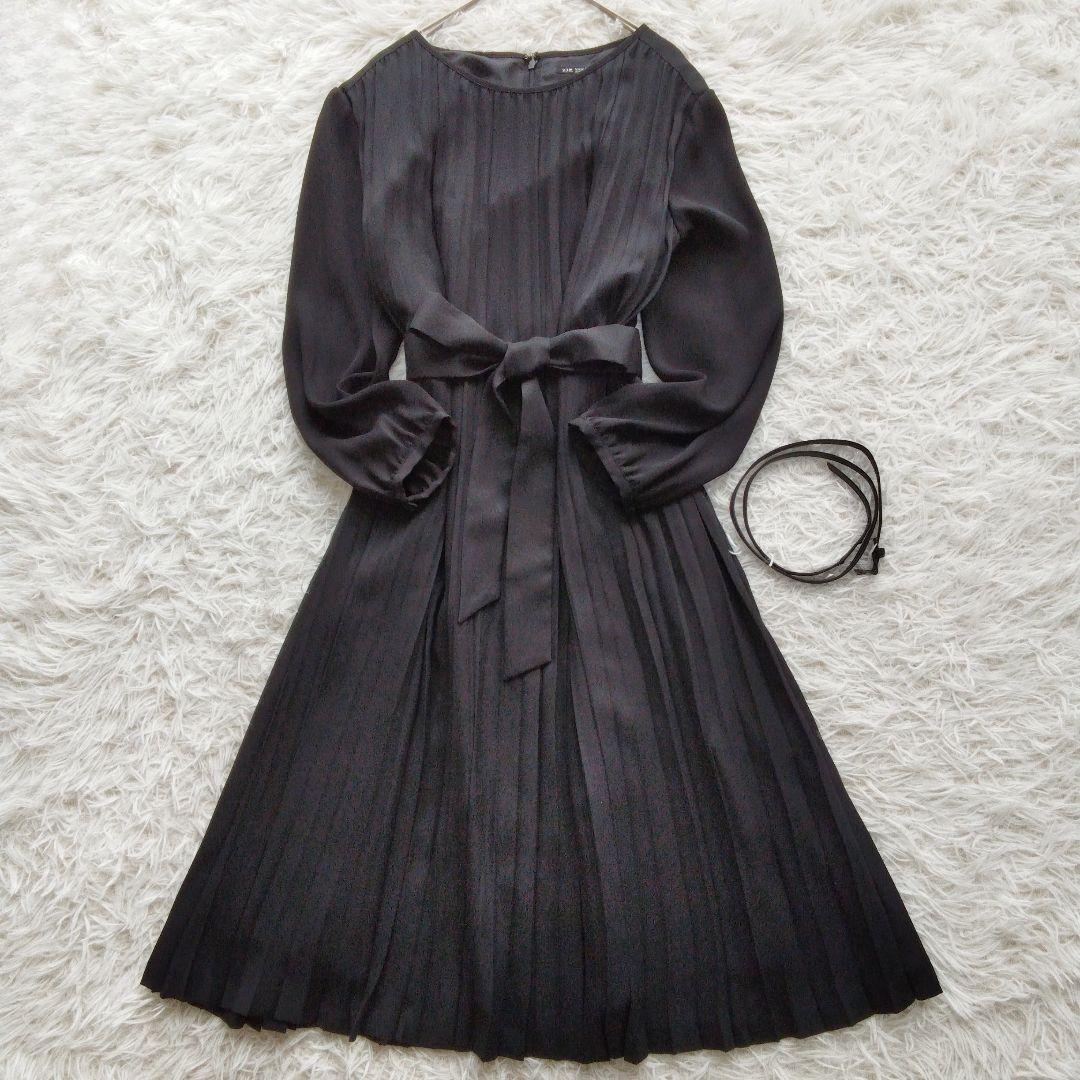 極美品 ❉ 23区 クリスタルアムンゼン プリーツワンピース ベルト 洗える 黒