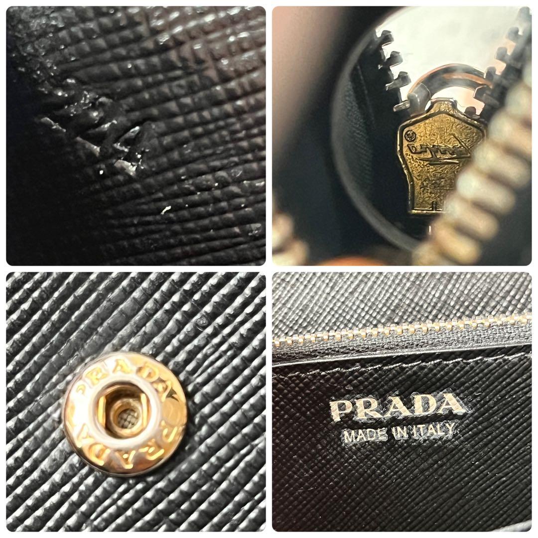 美品✨PRADA ストラップ付　財布　フィオッコ　サフィアーノ　ブラック　メタル