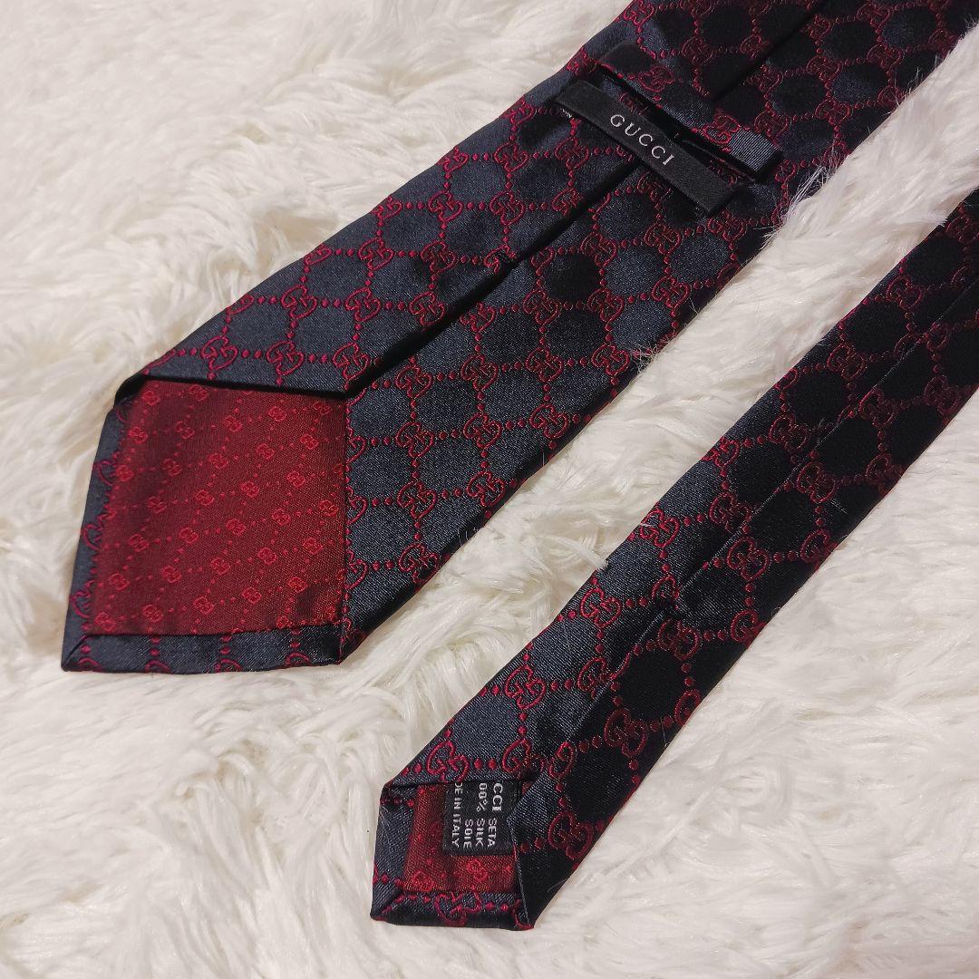 極美品★GUCCI ネクタイ GG柄 ブラック レッド
