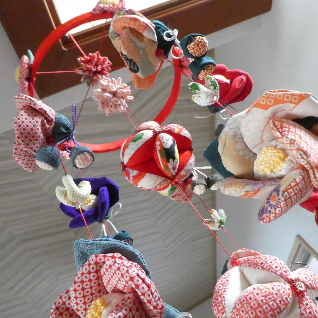 古布　正絹　吊るし椿　錦紗縮緬　アンティーク　疋田模様　さげもん　鬼しぼ