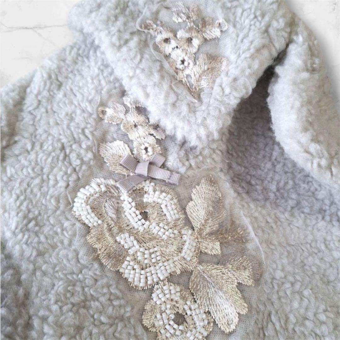 Super Beauty スーパービューティ ボアコート 刺繍 リボン グレー