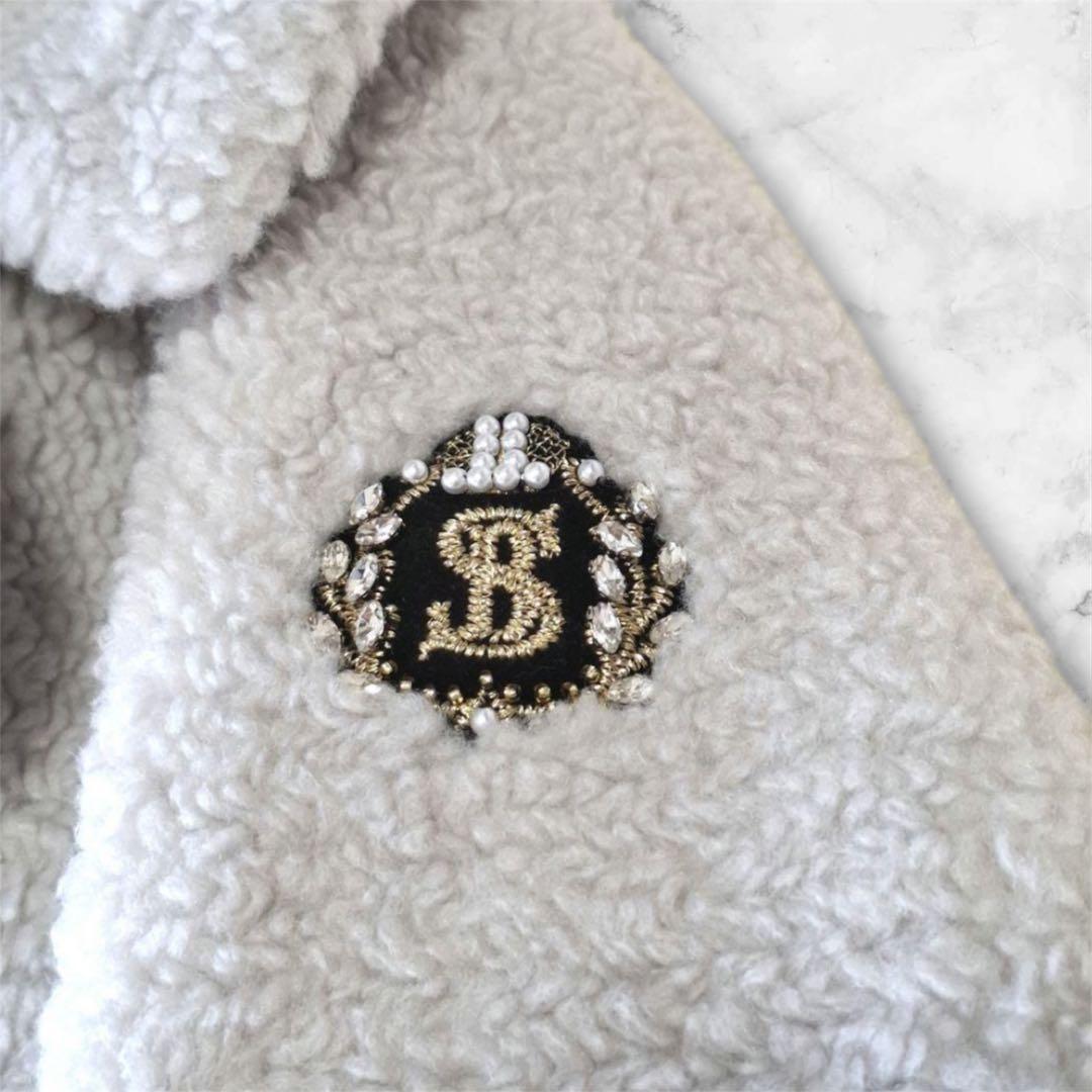 Super Beauty スーパービューティ ボアコート 刺繍 リボン グレー