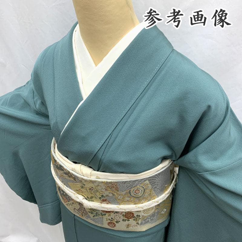 512mo36〇色留袖 三つ紋 金彩 比翼付き 鶴 藤 短冊 くすみ青緑系〇美品