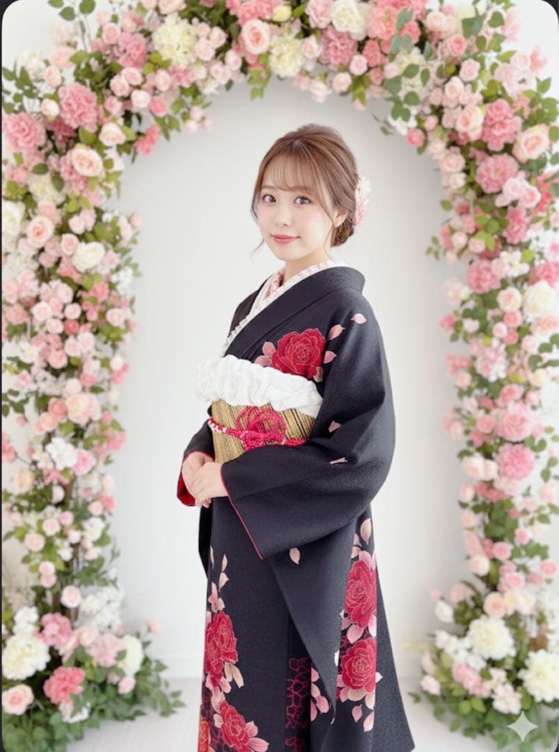 豪華　未使用に近い　黒地バラ刺繍振袖フルセット　成人式　パールトーン加工