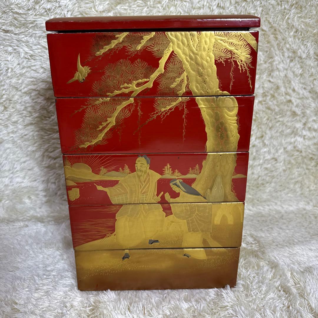 高砂蒔絵　朱塗五重　重箱　お重