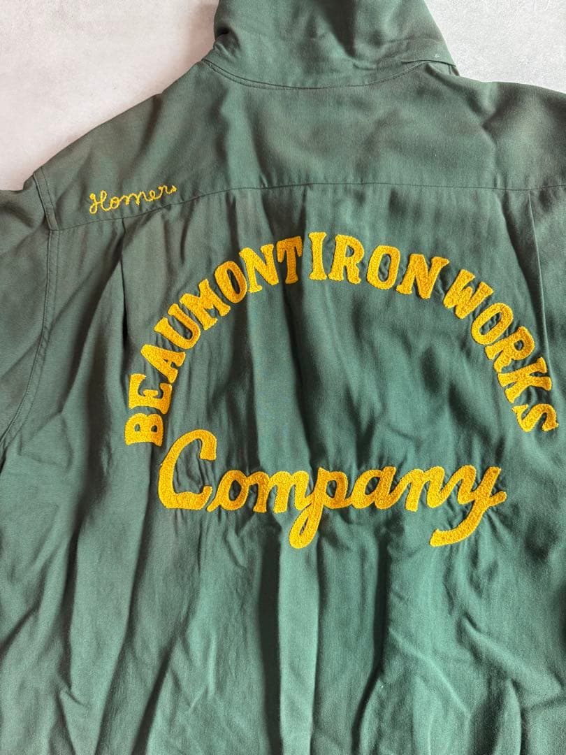 ビンテージ60s レーヨン ボーリングシャツ 刺繍ロゴ　カーキ