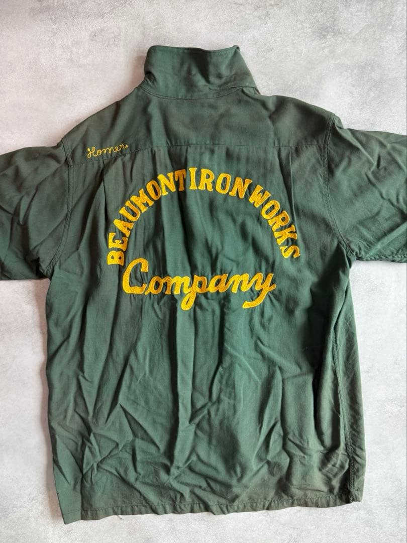 ビンテージ60s レーヨン ボーリングシャツ 刺繍ロゴ　カーキ