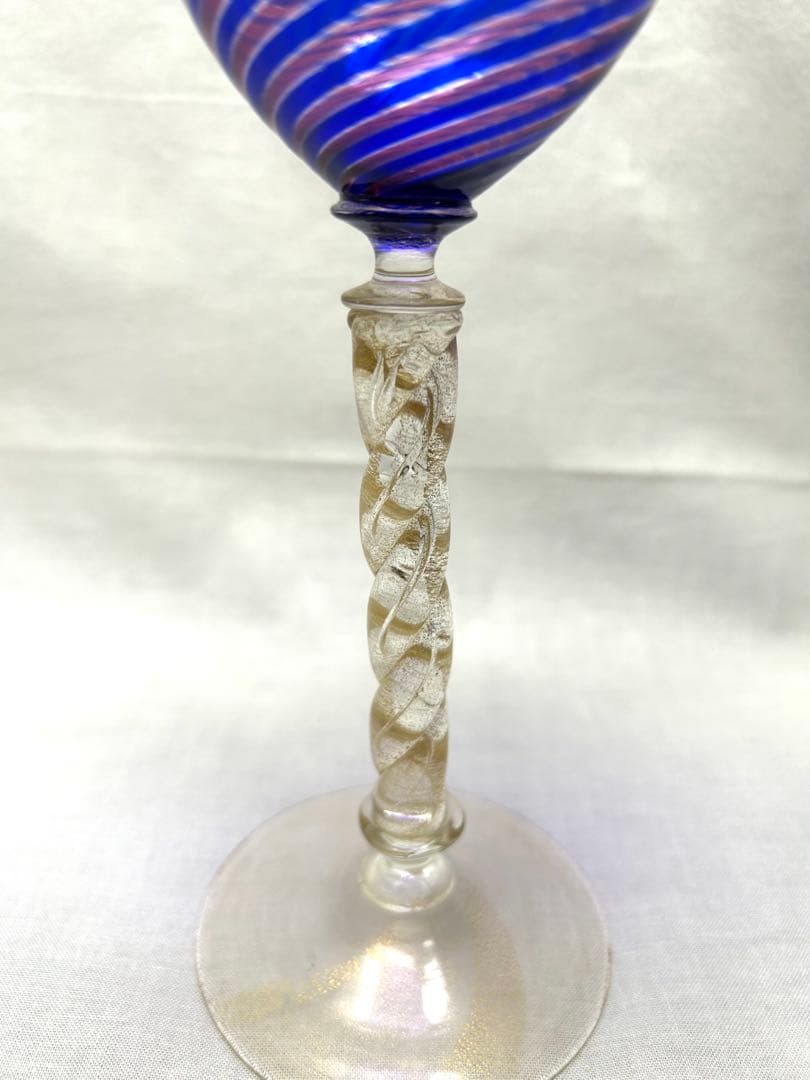 ベネチアングラスseguso青赤ストライプ ワイングラス　ヴィンテージ未使用品