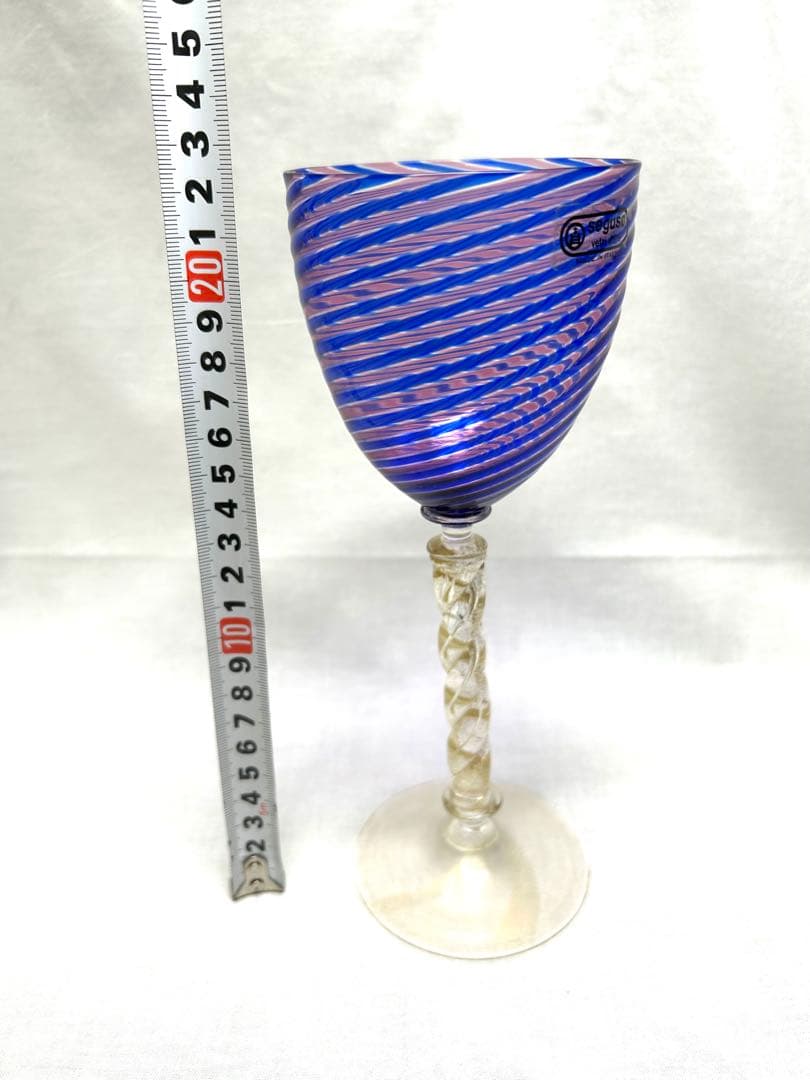 ベネチアングラスseguso青赤ストライプ ワイングラス　ヴィンテージ未使用品