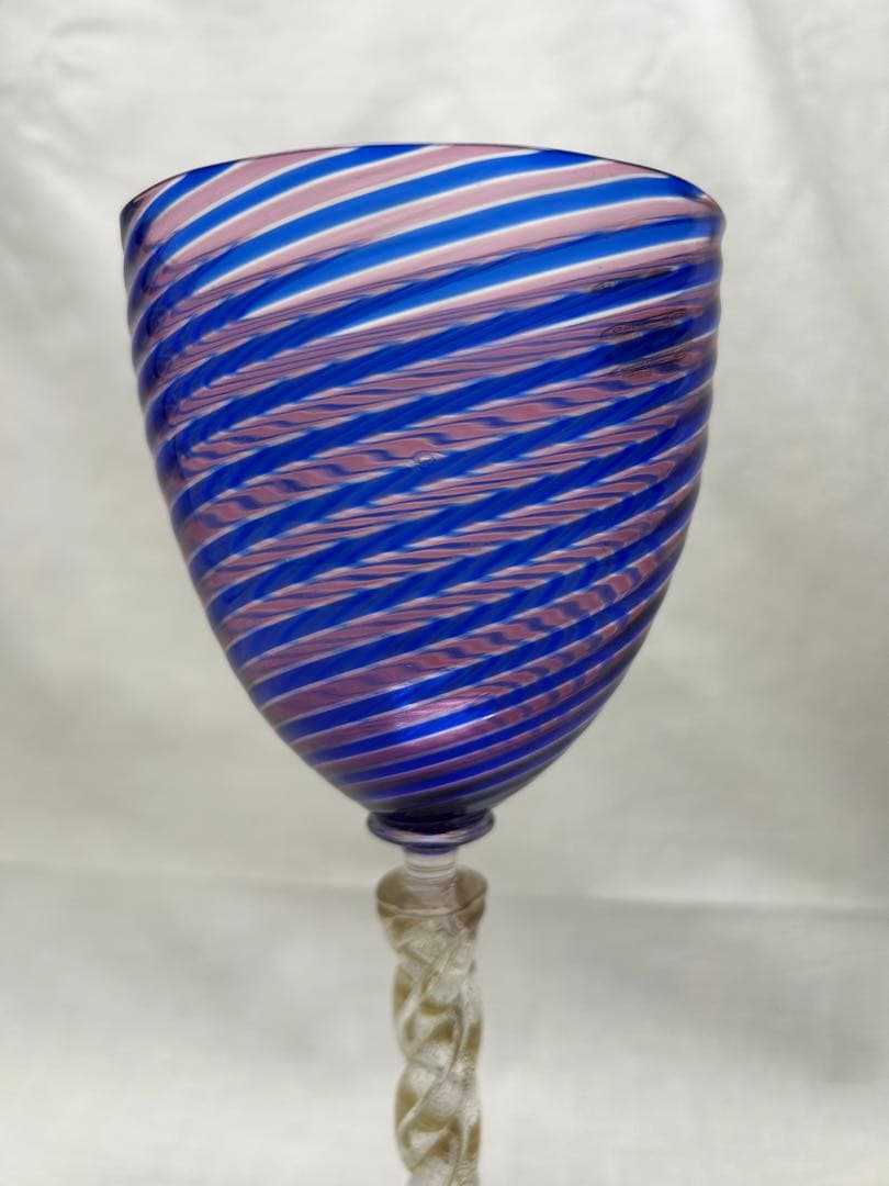 ベネチアングラスseguso青赤ストライプ ワイングラス　ヴィンテージ未使用品