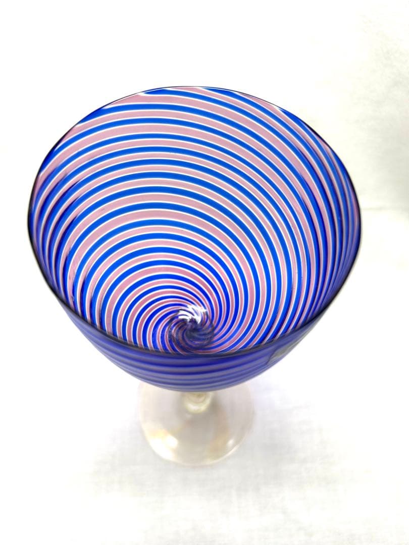 ベネチアングラスseguso青赤ストライプ ワイングラス　ヴィンテージ未使用品