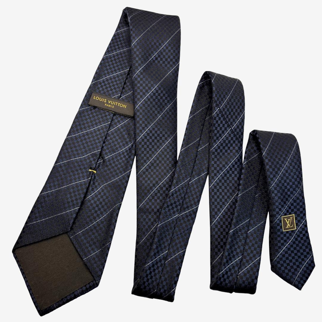 yu様LOUIS VUITTON シルクネクタイ ダミエ柄 ストライプ ネイビー
