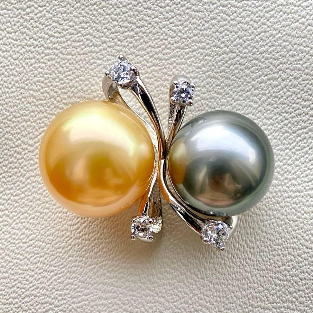 本真珠南洋白蝶真珠と黒蝶真珠　ゴールドとグレーs925ペンダントBEN914