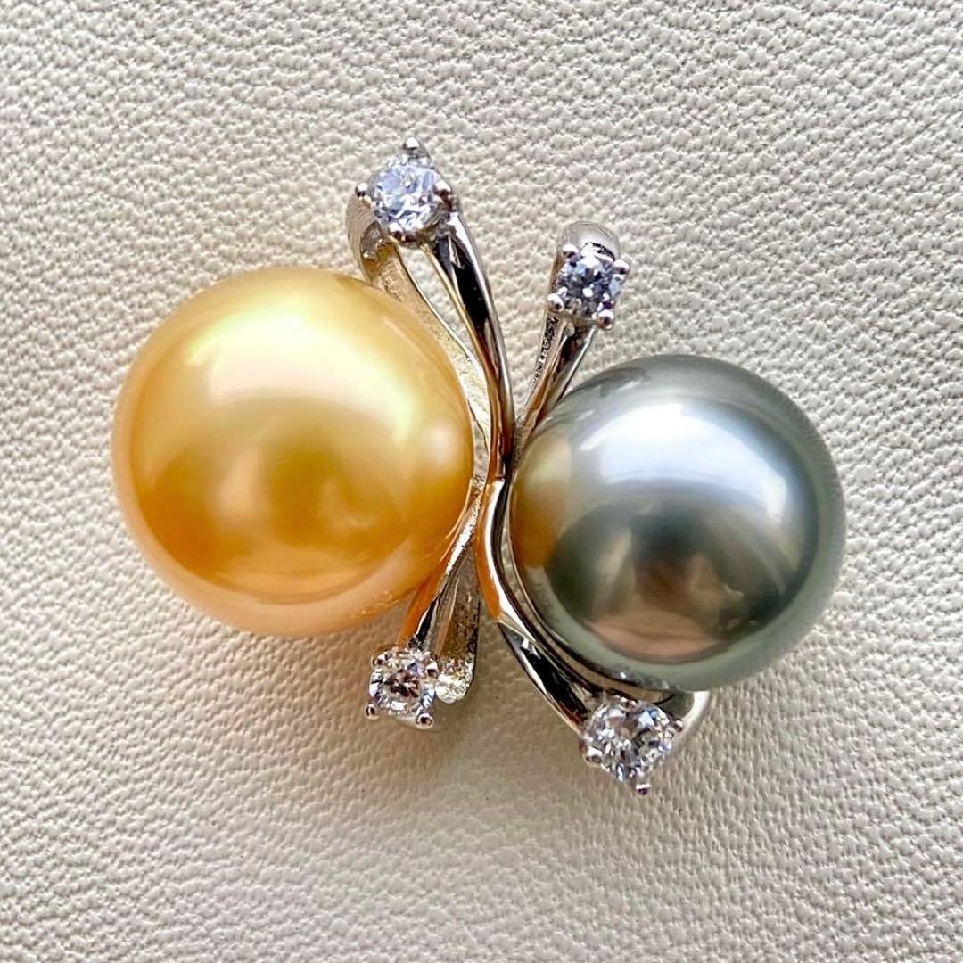 本真珠南洋白蝶真珠と黒蝶真珠　ゴールドとグレーs925ペンダントBEN914