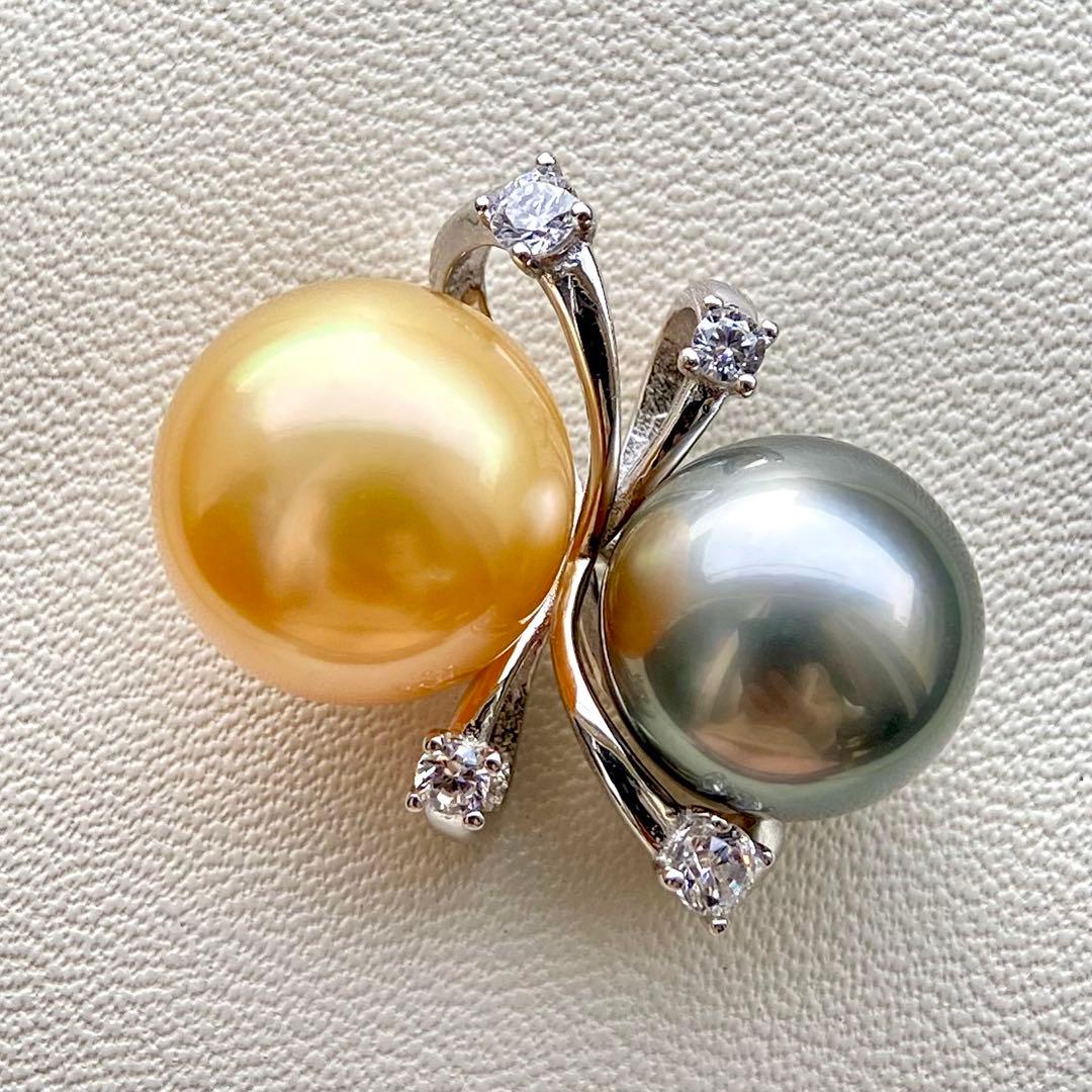 本真珠南洋白蝶真珠と黒蝶真珠　ゴールドとグレーs925ペンダントBEN914