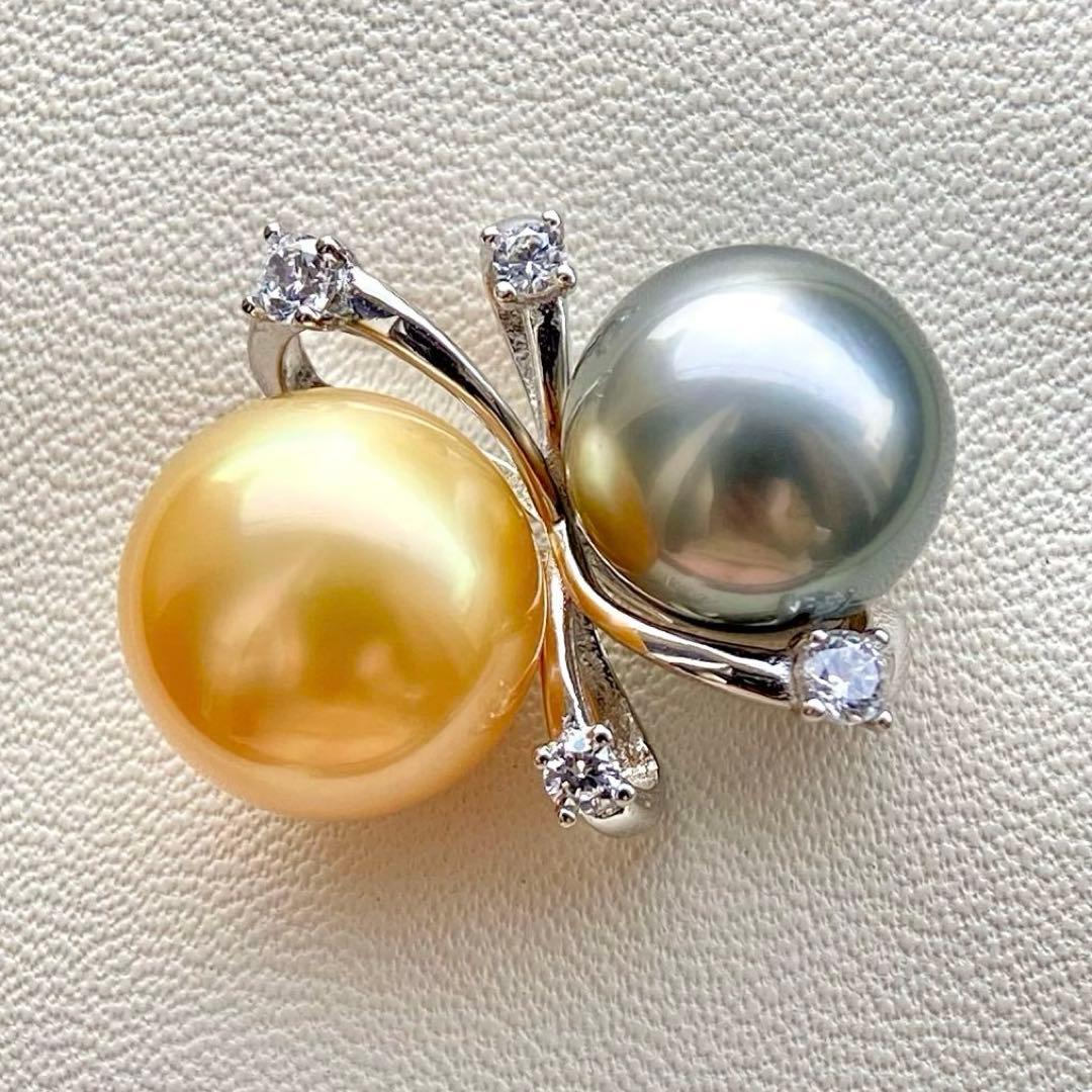 本真珠南洋白蝶真珠と黒蝶真珠　ゴールドとグレーs925ペンダントBEN914