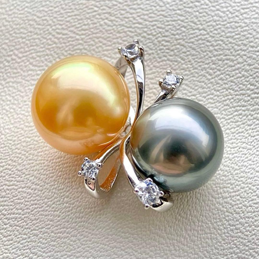 本真珠南洋白蝶真珠と黒蝶真珠　ゴールドとグレーs925ペンダントBEN914