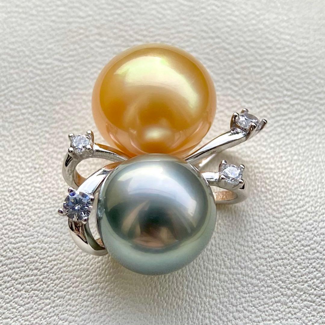 本真珠南洋白蝶真珠と黒蝶真珠　ゴールドとグレーs925ペンダントBEN914