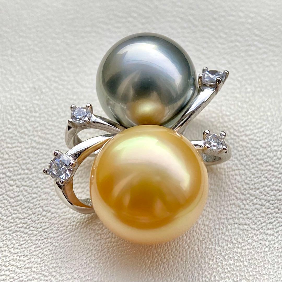 本真珠南洋白蝶真珠と黒蝶真珠　ゴールドとグレーs925ペンダントBEN914