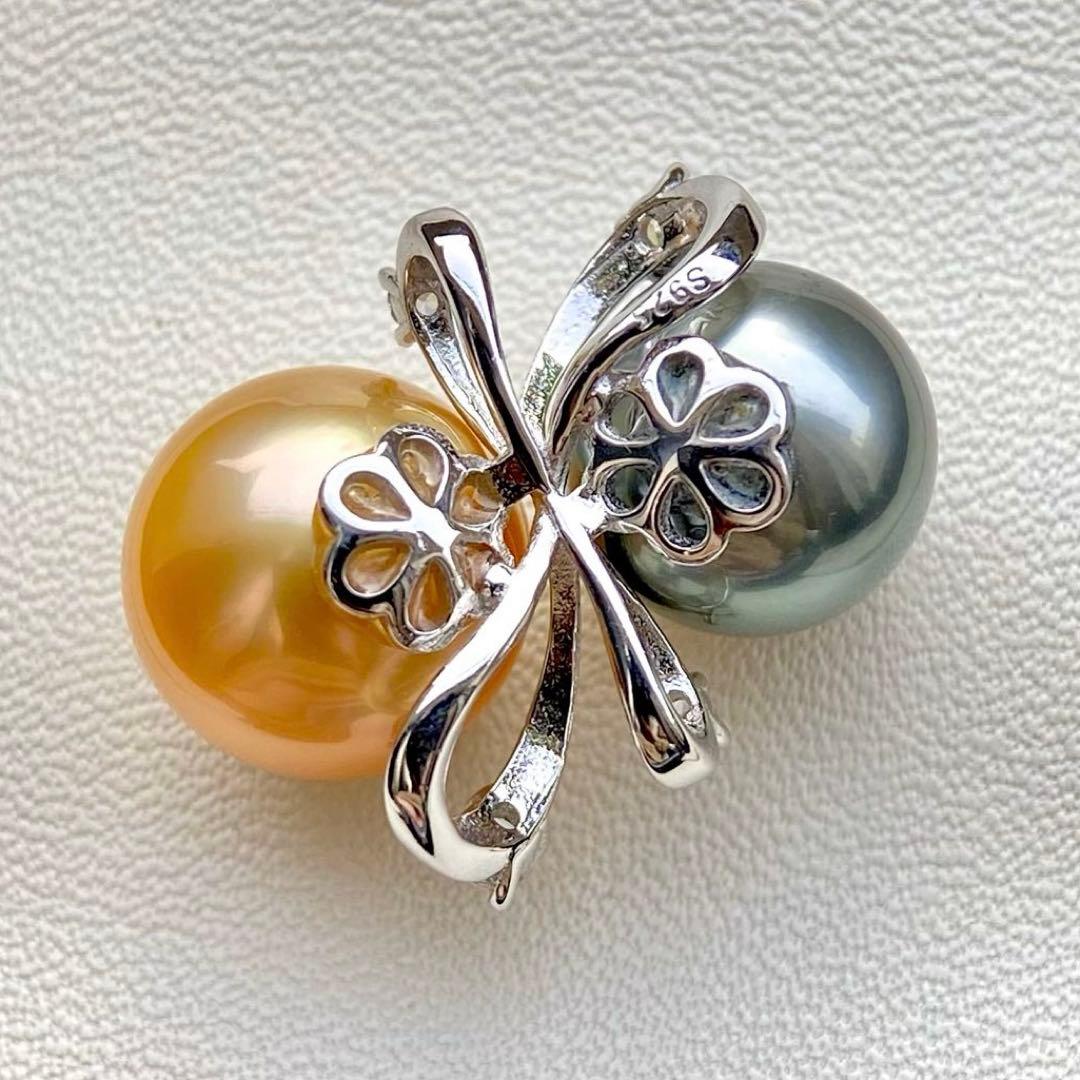 本真珠南洋白蝶真珠と黒蝶真珠　ゴールドとグレーs925ペンダントBEN914