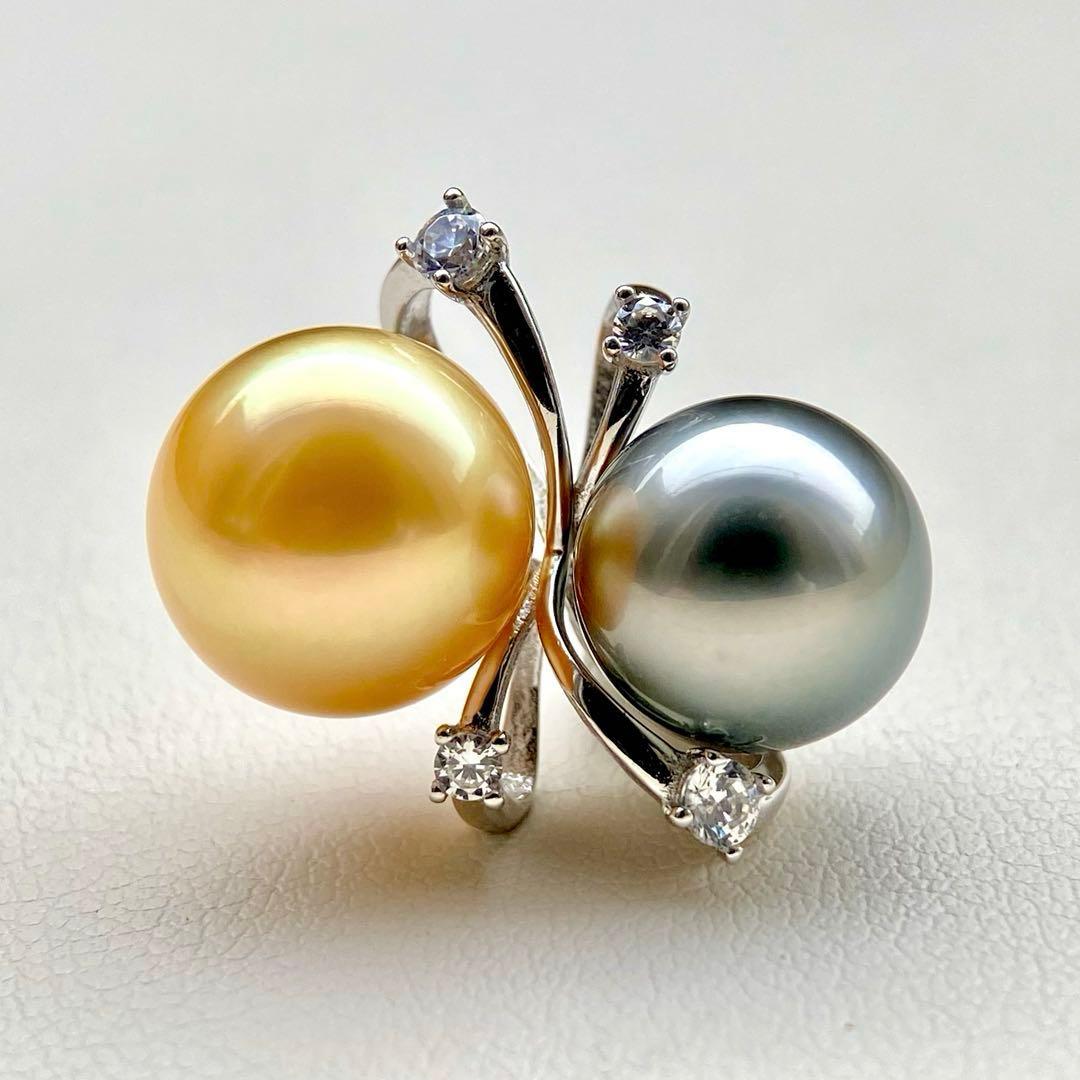 本真珠南洋白蝶真珠と黒蝶真珠　ゴールドとグレーs925ペンダントBEN914