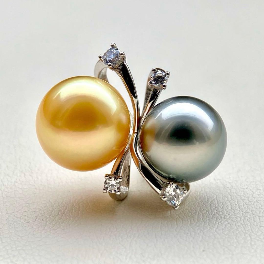 本真珠南洋白蝶真珠と黒蝶真珠　ゴールドとグレーs925ペンダントBEN914