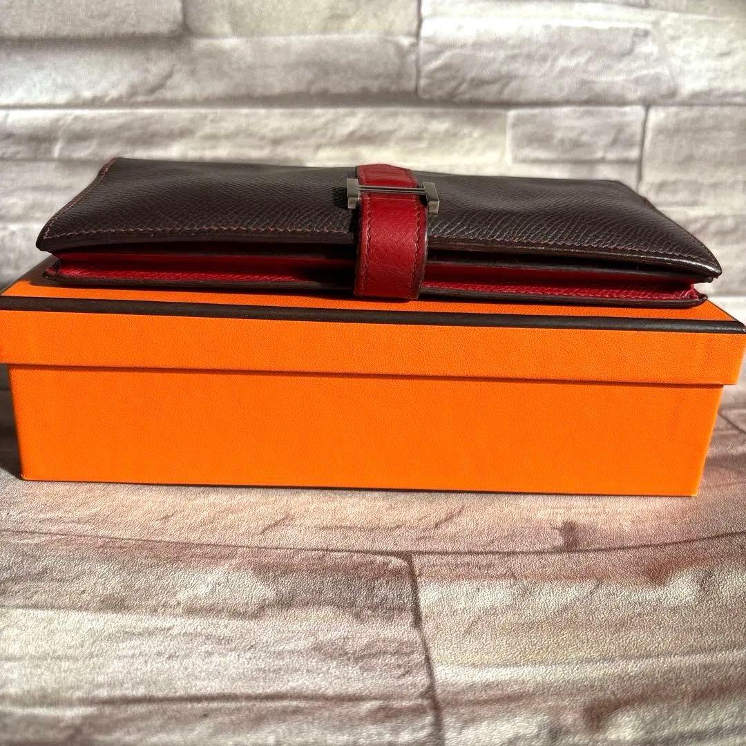 HERMES ベアンスフレ エプソンレザー 長財布 ブラウン/レッド