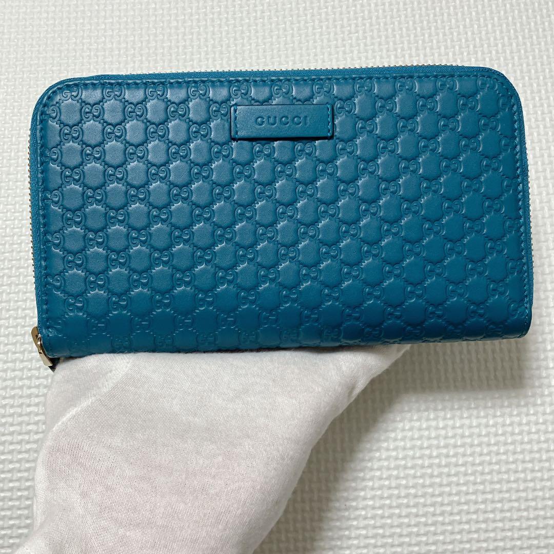 未使用　GUCCI レザーラウンドジップ長財布　マイクロシマ　ターコイズ　箱付き