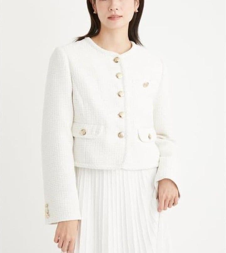 極美品 セルフォード 2025 パイピングショートジャケット 36 ツイード 白